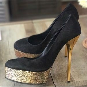 Giuseppe Zanotti BlK Gold Suede Glitter Pump 38.5